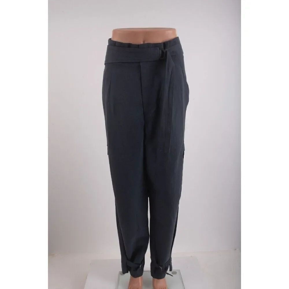 Zara Womans Tapered Cargo Pants High rise Size XL Blue Linen 1122/243 NWT
